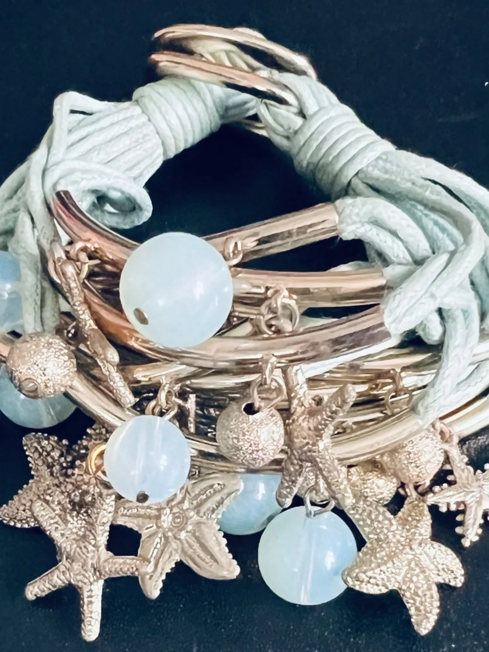 Coastal Beach Multi-Strand Tube Wrap Bracelet Starfish & Blue Beads